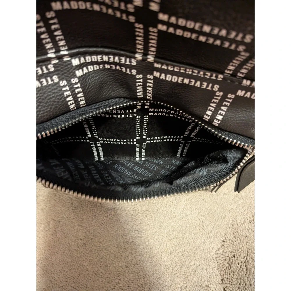 Steve Madden Black Logo Print Pebbled Leather Backpack Front Zip Pockets